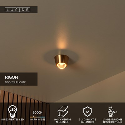 Lucide RIGON - Deckenleuchte - Ø 9 cm - LED - 1x7W 3000K - Mattes Gold / Messing